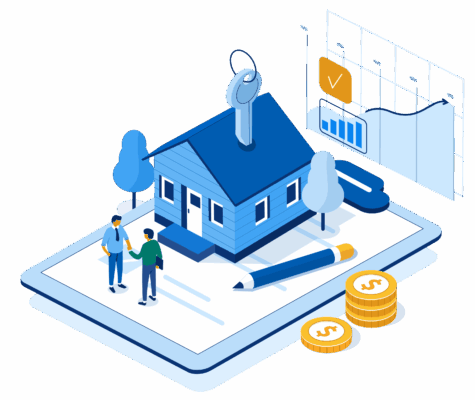 vector image of two men shaking hands in front of a house all atop an oversized tablet along with oversized coins and a pencil