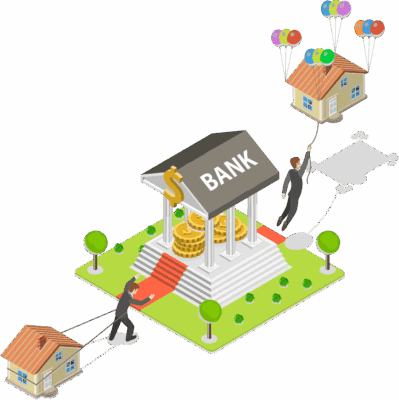 vector image of a man dragging a human-sized house tied to him with ropes to a six columned structure with oversized coins in the center and the word bank written on the roof while behind the structure a man is floating away holding a rope connected to the same sized house with balloons attached
